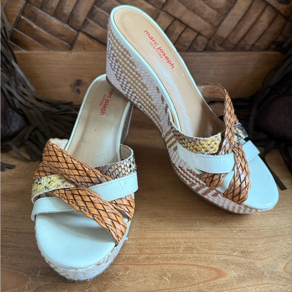 Marc Joseph Leather Woven Snake Print Wedge Sandals Size 38 Made In Brazil.